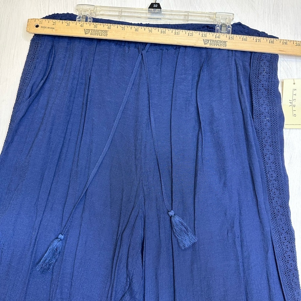 Studio JPR Navy Wide Leg Pants XL Smocked Waist Tassel Drawstring Boho Beach - Picture 4 of 11